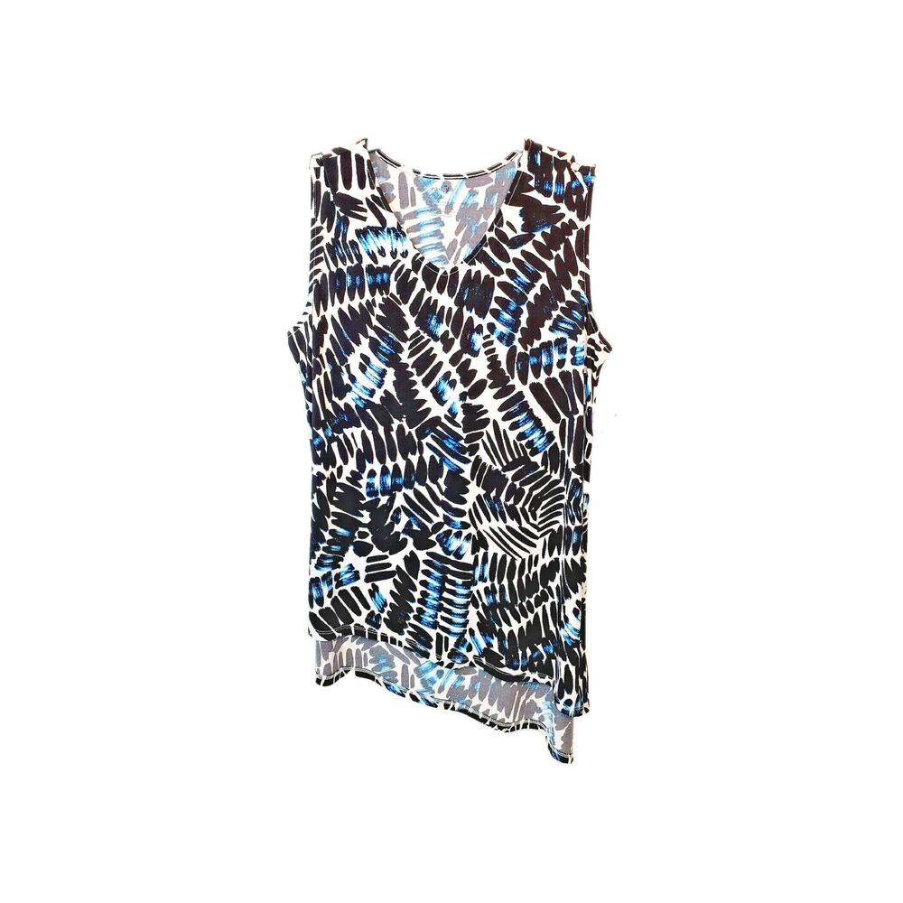 East 5th Womens M TopSleeveless Black Blue White Pattern Asymmetrical A-line